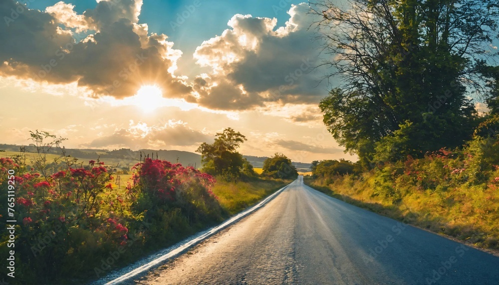 A Quiet and beautiful countryside roads with bright skies and diverse roadside plants generative ai art A Quiet and beautiful countryside roads with bright skies and diverse roadside plants generative ai art