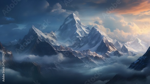 An imposing mountain range looming on the horizon, its peaks obscured by swirling clouds, creating an atmosphere of mystery and intrigue, inviting exploration and discovery. © Graphica Galore