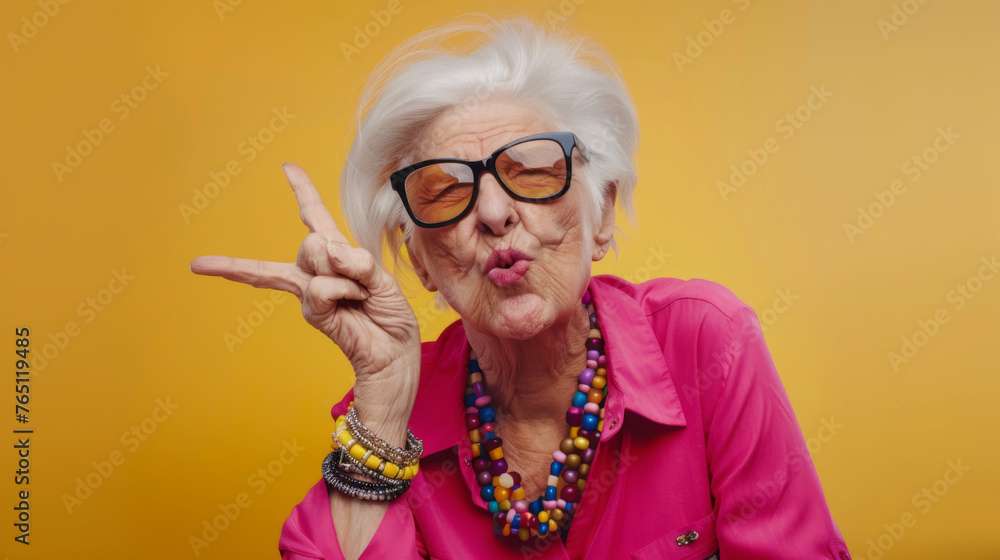 A spirited elderly woman with sunglasses pointing with panache against an orange backdrop.