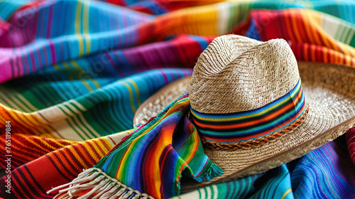 Traditional Mexican Sombrero with Colorful Serape Blanket  Authentic Mexican Cultural Artifacts  Hand Woven Folk Art  Vibrant Textiles for Cinco De Mayo Celebrations 