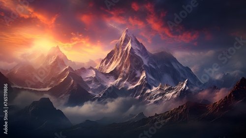 A breathtaking view of a towering mountain range, its peaks reaching towards the heavens in a display of majestic beauty, a reminder of the awe-inspiring power of nature. © Graphica Galore