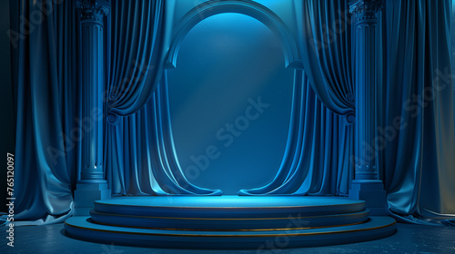 3d podium with fabric curtain and spotlight on blue background 