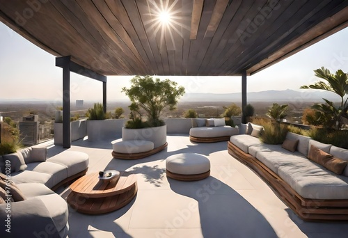 An architectural masterpiece with a rooftop deck offering panoramic views of the surrounding landscape. © COLLECTION OF AI