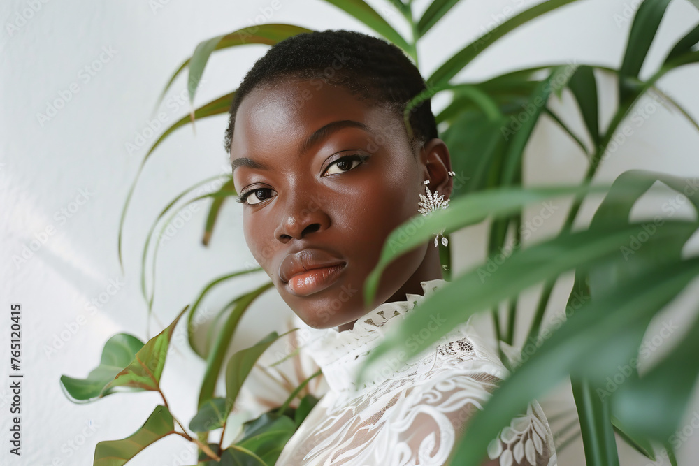 Elegant Woman with Exotic Plants in Soft Natural Light Elegant Woman with Exotic Plants in Soft Natural Light