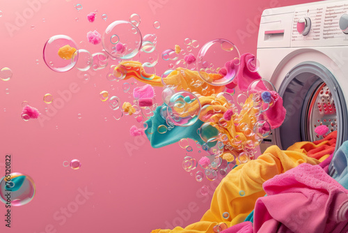 Colorful laundry exploding from washing machine with bubbles