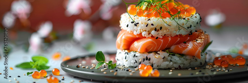 A creative sushi burger dish with fresh salmon slices as buns and sesame rice as toppings.