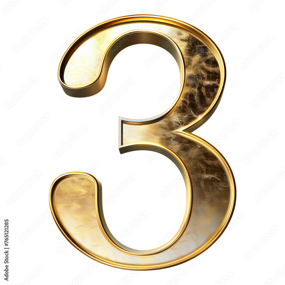 The number 3 is shown in gold and has a curved shape. It is a large number that is easy to read and stands out against the white background The number 3 is shown in gold and has a curved shape. It is a large number that is easy to read and stands out against the white background