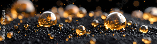Ultra-wide mesmerizing microscopic landscape, crafted from a bed of small black balls adorned with larger golden spheres, inviting contemplation of the harmonious interplay between scale and texture photo
