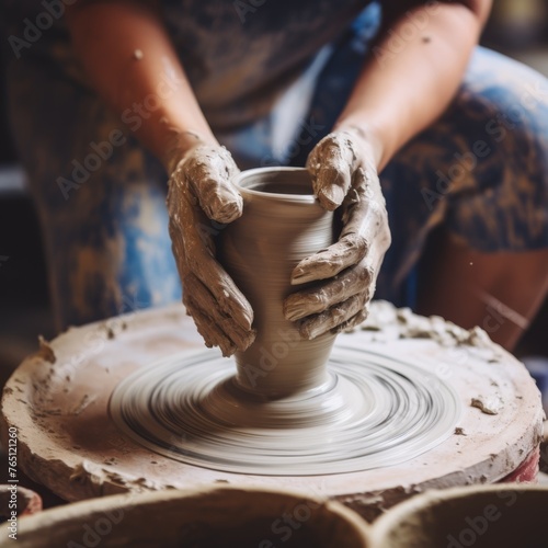 A photo from first person crafting pottery on a pottery wheel in a ceramics studio, showing hands molding clay into a beautiful vase
