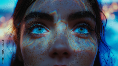 Camera focusing on a woman's blue eyes and light reflecting on her face