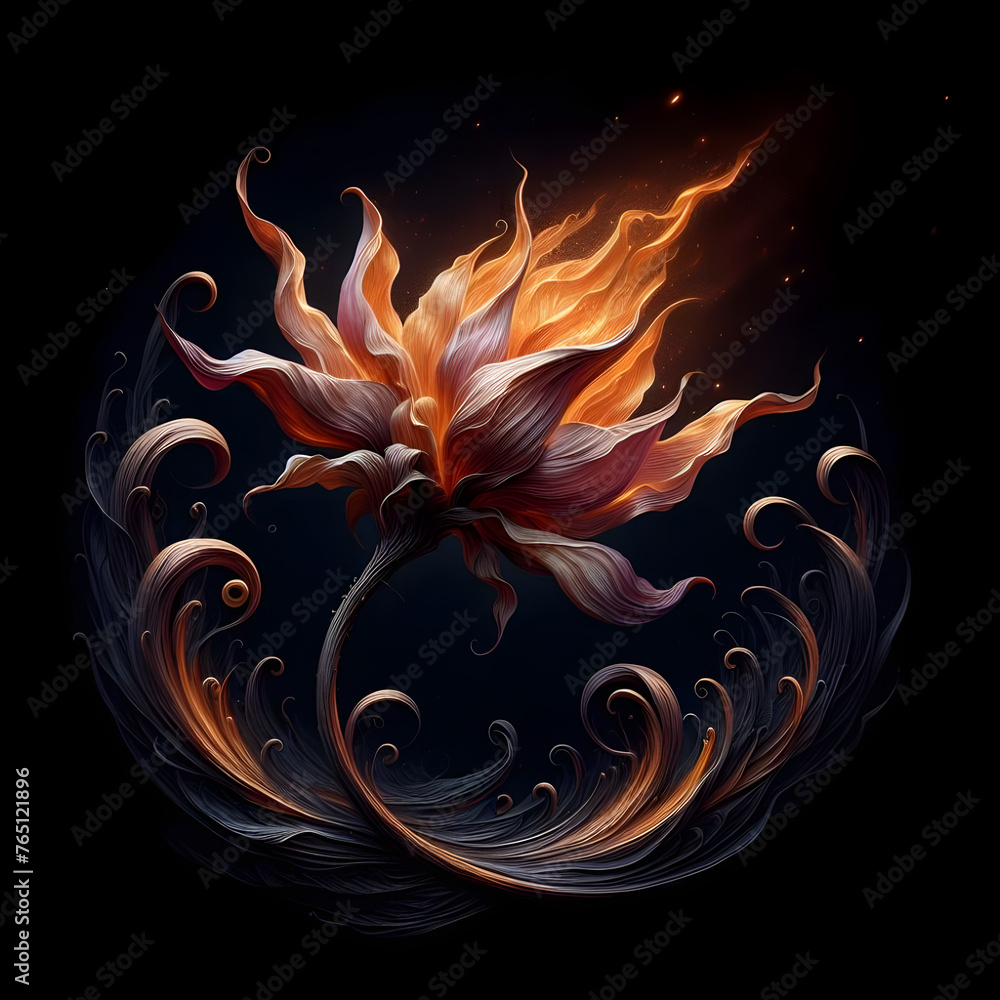 A blooming lotus wilting and burning on an empty black background symbolizes the end of life and the rebirth of hope, and the inevitable cycle of life and decay. A blooming lotus wilting and burning on an empty black background symbolizes the end of life and the rebirth of hope, and the inevitable cycle of life and decay.