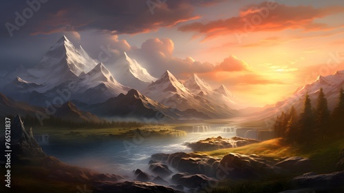 A majestic mountain range stretching across the horizon, its peaks bathed in the soft light of dawn, a testament to the timeless beauty and resilience of nature's creations. © Graphica Galore
