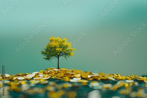 The symbolism of a tree growing from a pile of golden coins: Sustainable business practices and corporate social responsibility. Concept Corporate Responsibility, Sustainable Business