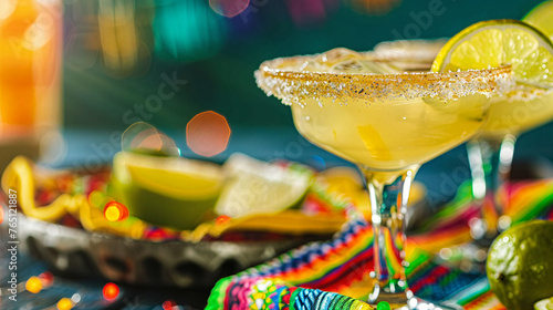 Vibrant Cinco De Mayo Fiesta Theme, Commemorative Mexican Event, Bold Colorful Party Scene with Margarita Glasses, Cultural Celebration Concept 
