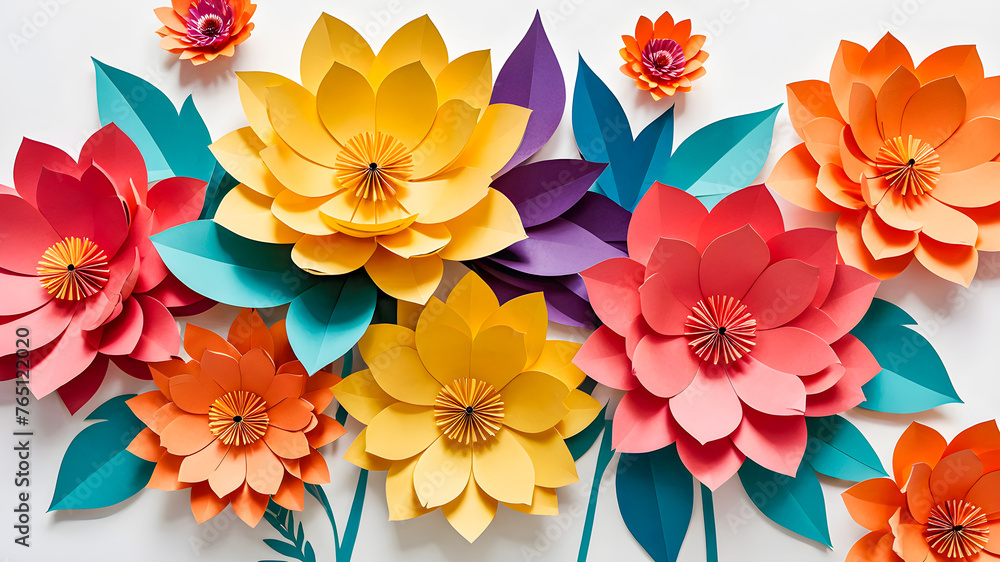 Paper flowers made of colorful paper on white background. Close up.