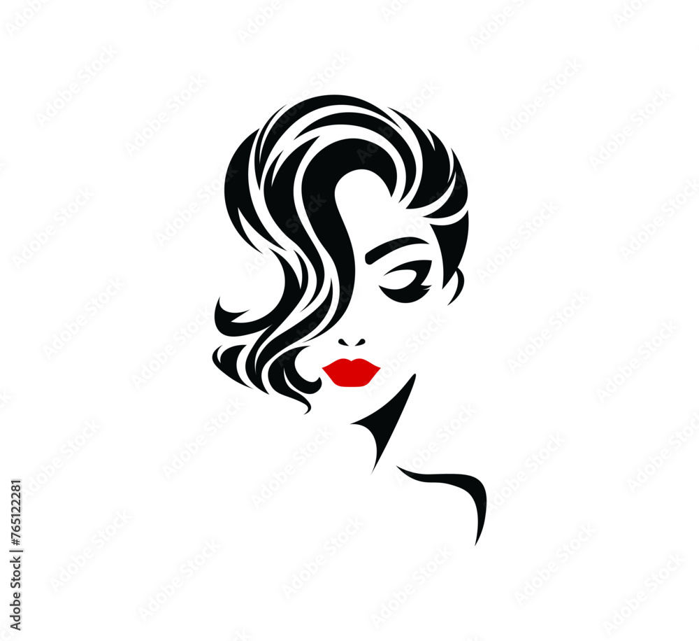 Vector illustration of a black and white silhouette of a girl's face with red lips Vector illustration of a black and white silhouette of a girl's face with red lips