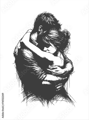 pencil sketch drawing - a man hugs a woman with love feelings (artwork 3)