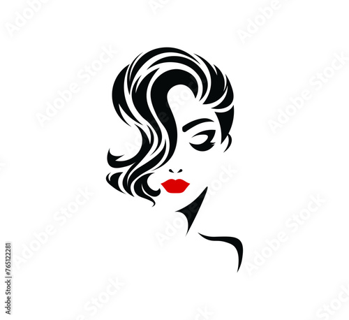Vector illustration of a black and white silhouette of a girl s face with red lips