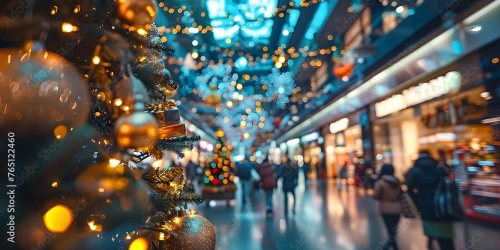 Festive Scene: Blurry Image of a Crowded Christmas Shopping Mall with People Admiring Gifts and a Decorated Tree. Concept Christmas Shopping, Festive Decor, Holiday Crowds, Gift Shopping