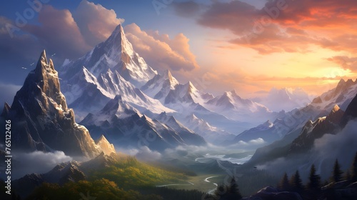 A majestic mountain range stretching across the horizon  its peaks bathed in the soft light of dawn  a testament to the timeless beauty and resilience of nature s creations.