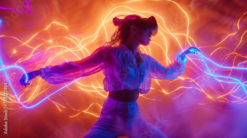 A woman is dancing with light trails behind her. Generative AI.