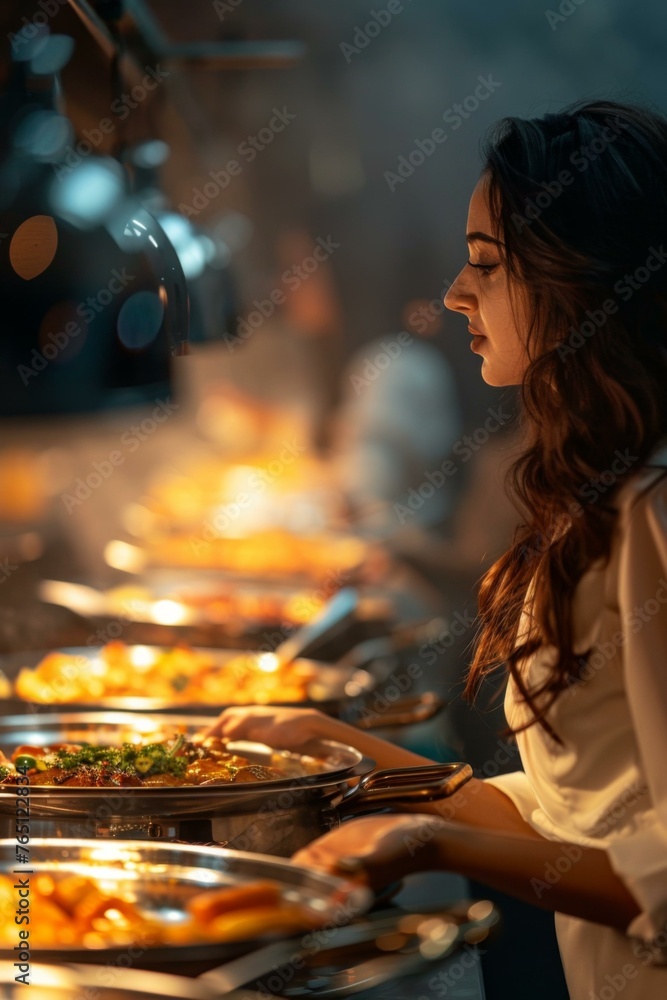 Naklejka premium A woman standing in front of a buffet line with food. Generative AI.