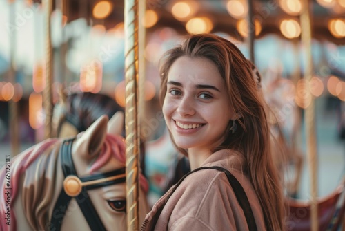 A woman smiling while riding a carousel horse at the fair. Generative AI.