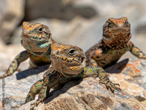 Three lizards are sitting on top of a rock together. Generative AI.