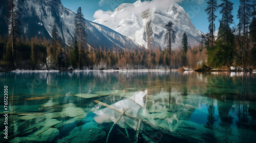 A Clear Lake in front of a Snowy Mountain with Pine Trees Landscape, Generative AI Illustration