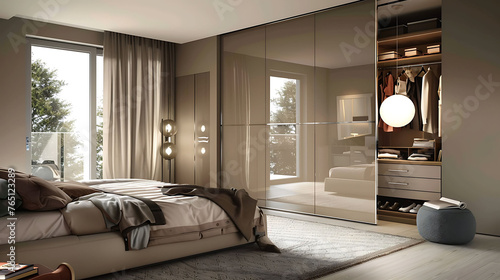Modern bedroom with a sliding door wardrobe system that conceals a hidden dressing area with a full-length mirror and shelves for accessories