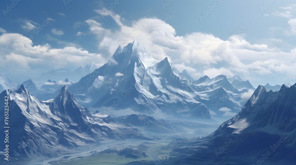 A massive mountain dominating the landscape, its rugged slopes and jagged peaks etched against the canvas of a clear blue sky, a symbol of endurance and perseverance in the face of challenges.