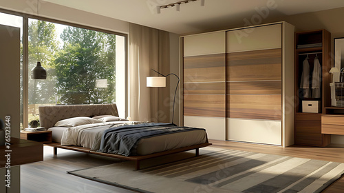 Modern bedroom with a sliding door wardrobe system that conceals clothing racks and shelves for organized storage