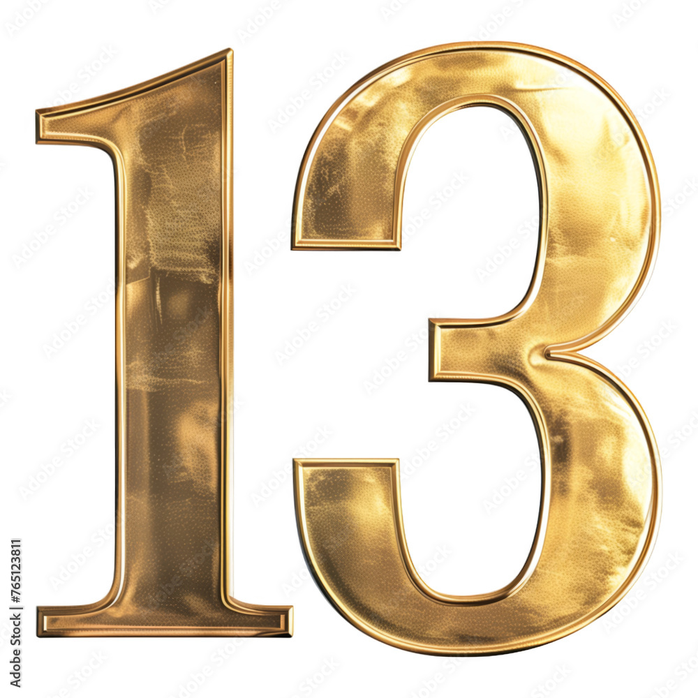 The number thirteen is shown in gold. It is a large number that is often associated with luck and superstition The number thirteen is shown in gold. It is a large number that is often associated with luck and superstition