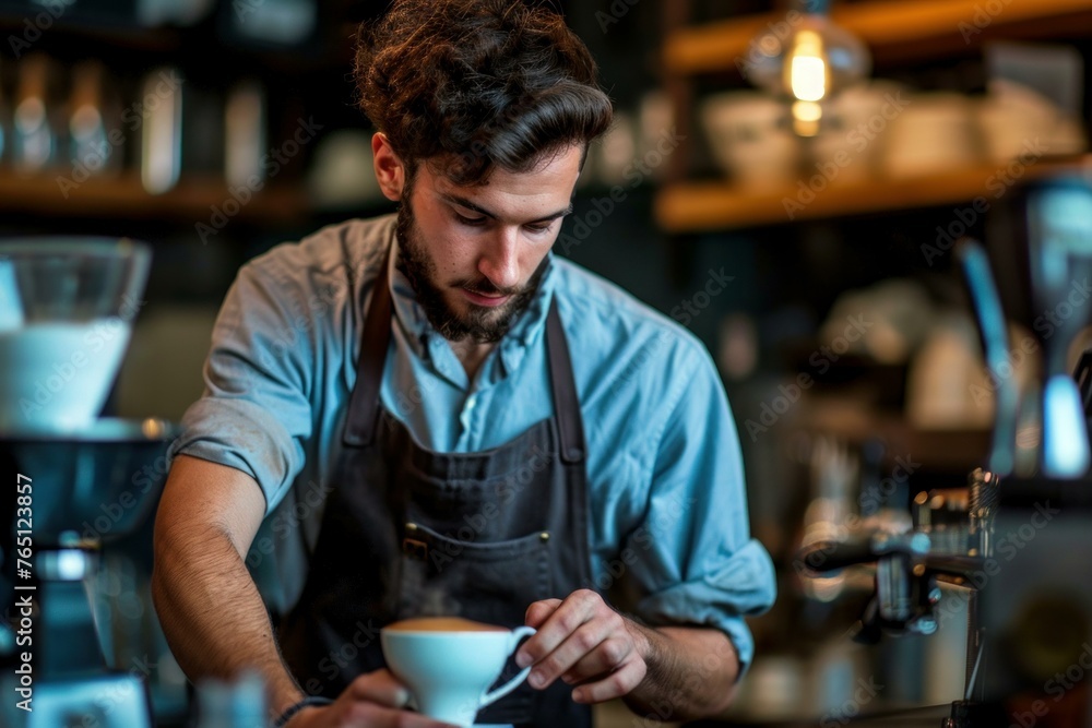 Fototapeta premium Skilled Attractive man barista. Modern loft cafe. Generate Ai