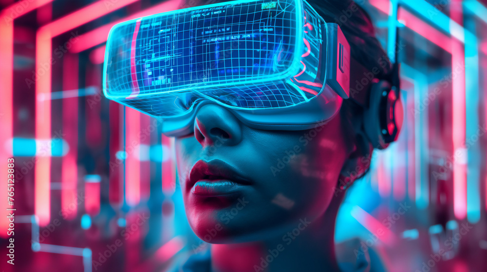 A woman is immersed in a virtual reality simulation, surrounded by vibrant neon lights that reflect the futuristic technology of VR headsets A woman is immersed in a virtual reality simulation, surrounded by vibrant neon lights that reflect the futuristic technology of VR headsets