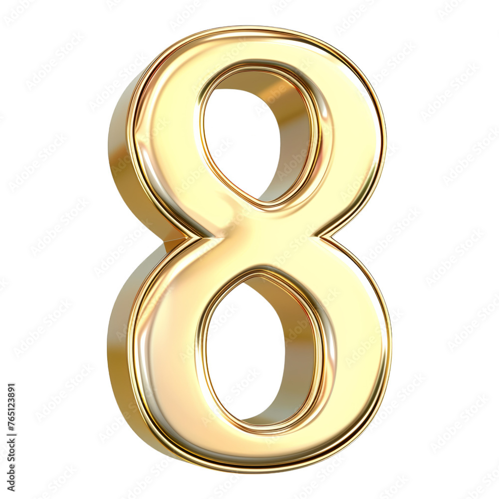The number 8 is made of gold and has a shiny, metallic appearance. It is a large, bold number that stands out against the white background. The number 8 is often associated with luck, prosperity The number 8 is made of gold and has a shiny, metallic appearance. It is a large, bold number that stands out against the white background. The number 8 is often associated with luck, prosperity