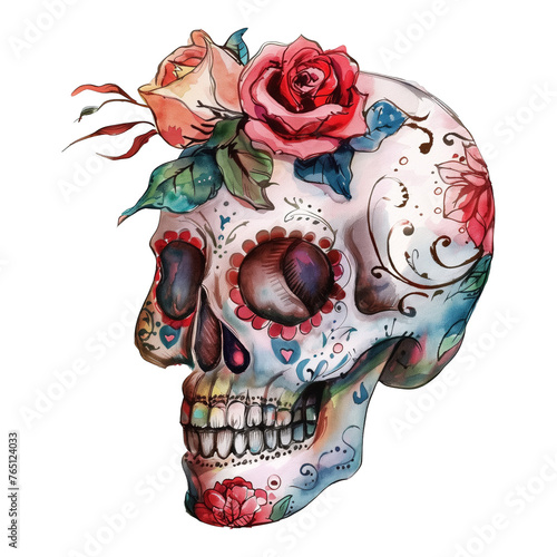 A skull with a rose and leaves on top of it. The skull is painted in watercolor and has a colorful and artistic design