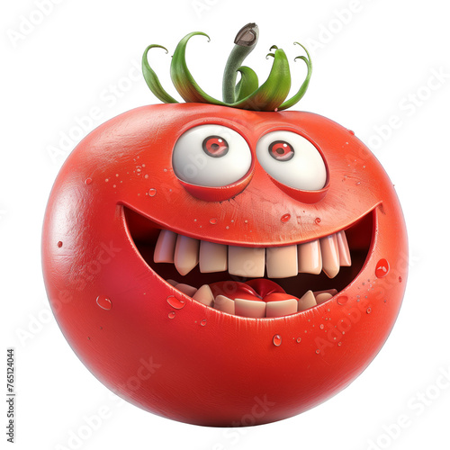 A cartoon tomato with a big smile and teeth showing. The tomato is smiling and has a tongue sticking out