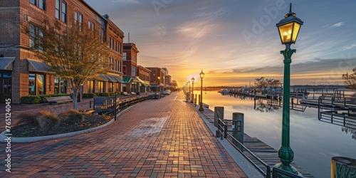A photograph of the waterfront boardwalk The water is calm and reflects warm hues from the setting sun Generative AI