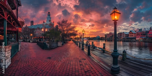 A photograph of the historic harbor in downtown The flooring is red brick, with street lights and buildings along both sides The river runs down one side of it Generative AI