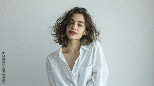 An image of a happy Woman in white clothes on a white background and Looking at the Camera.