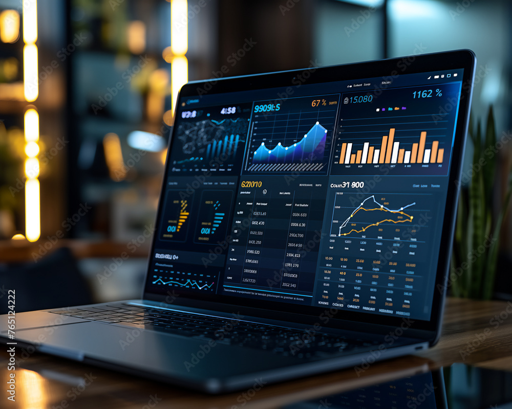 An open laptop on a desk showcases a sophisticated financial analytics dashboard with various data visualizations An open laptop on a desk showcases a sophisticated financial analytics dashboard with various data visualizations