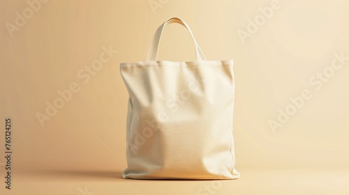 **Image description:** A blank tote bag sits on a solid background. The bag is made of beige canvas and has a gusseted bottom.