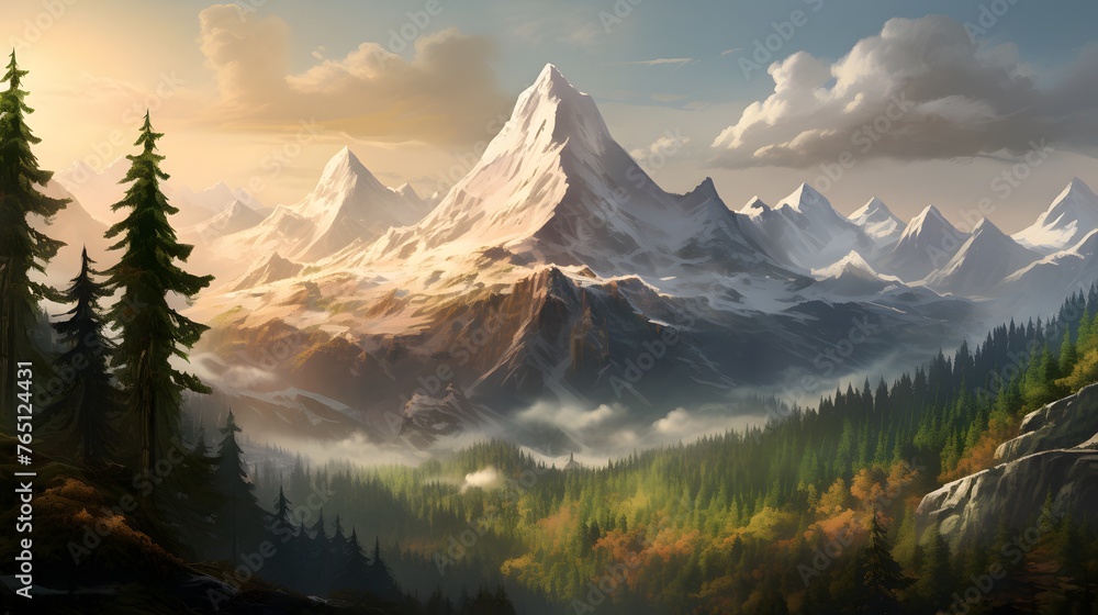 A towering mountain peak rising above a dense forest, its snow-capped summit glistening in the sunlight, a stark contrast to the lush greenery below, showcasing the diversity of nature's creations. - obrazy, fototapety, plakaty 