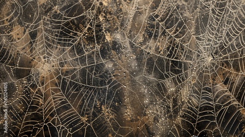 Delicate and intricate spider webs glisten with morning dew, creating a beautiful and mesmerizing natural work of art.