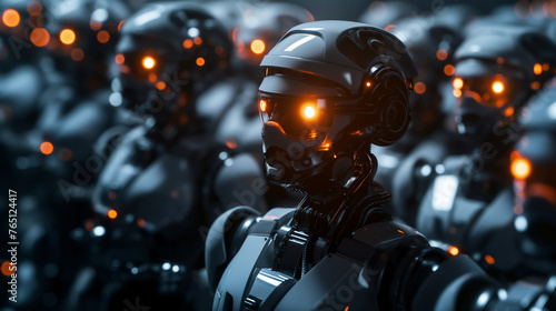 Close-up view of an army of humanoid robots with intense red glowing eyes, conveying a futuristic military concept photo