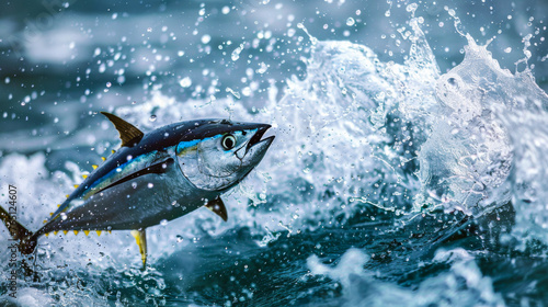 Close-up of a tuna leaping out of the water with splashing droplets