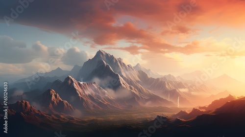 A towering mountain peak stretching towards the sky, its rugged slopes bathed in the warm light of dawn, casting long shadows across the valley below.