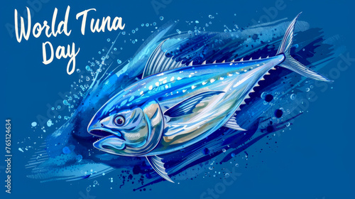 Watercolor-style digital painting of tuna and World Tuna Day lettering photo