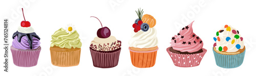 Set of different cupcakes. Delicious pastries with vanilla, chocolate, whipped cream, berries, fruits. Sweet sugar desserts clipart. Colorful vector illustrations isolated on transparent background.
